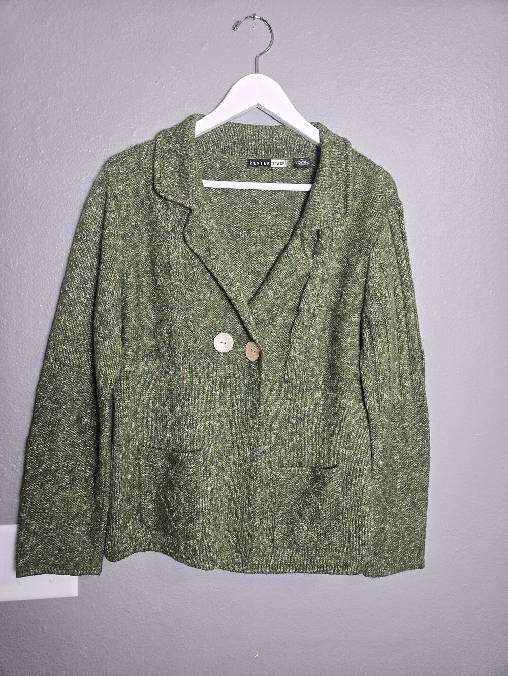Vintage Center Stage Green Knit Cardigan With Wooden Button Size XL